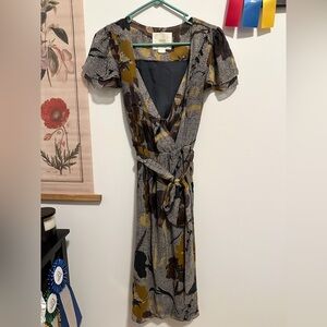 Maeve Bronwen Silk Flutter Sleeve Floral Wrap Midi Dress Multi Gray Brown 2